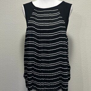 August Moon black and white striped, pleated sleeveless swing blouse, Large